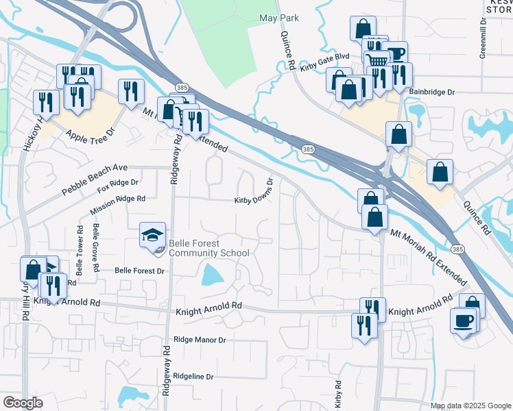 map of restaurants, bars, coffee shops, grocery stores, and more near 6343 Kirby Downs Drive in Memphis