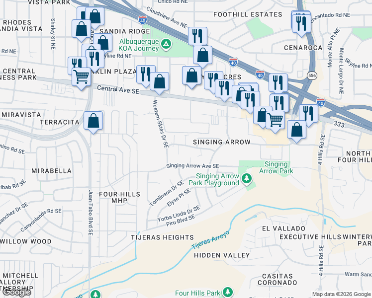 map of restaurants, bars, coffee shops, grocery stores, and more near 404 Dunes Court Southeast in Albuquerque