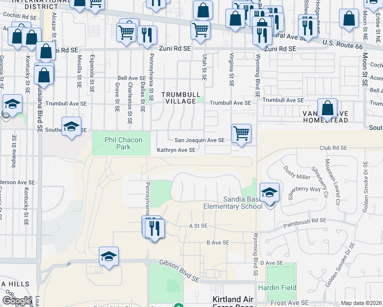 map of restaurants, bars, coffee shops, grocery stores, and more near 8208 Kathryn Avenue Southeast in Albuquerque