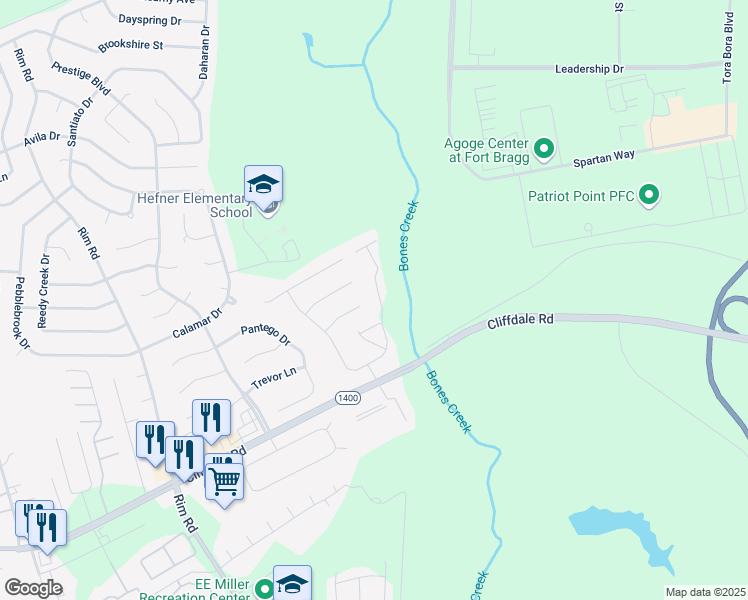 map of restaurants, bars, coffee shops, grocery stores, and more near 6900 Pine Creek Court in Fayetteville