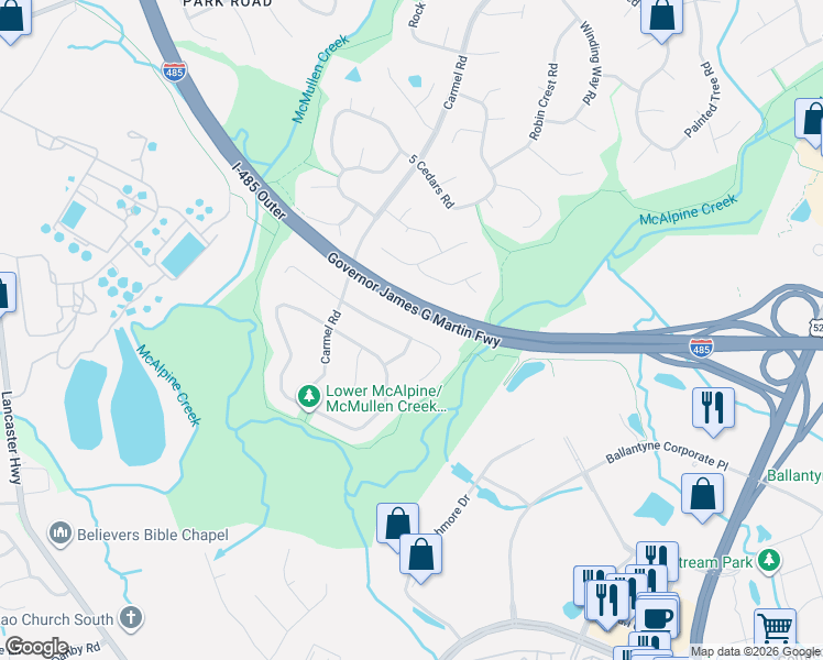 map of restaurants, bars, coffee shops, grocery stores, and more near 11312 Vista Haven Drive in Charlotte
