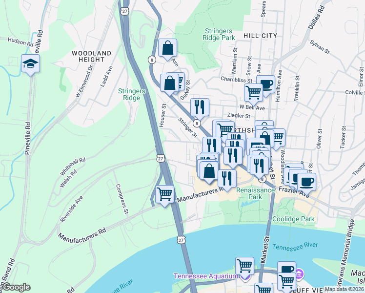 map of restaurants, bars, coffee shops, grocery stores, and more near 610 West Manning Street in Chattanooga