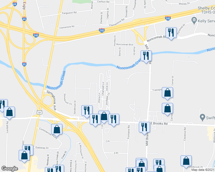 map of restaurants, bars, coffee shops, grocery stores, and more near 3046 Charwell Lane in Memphis
