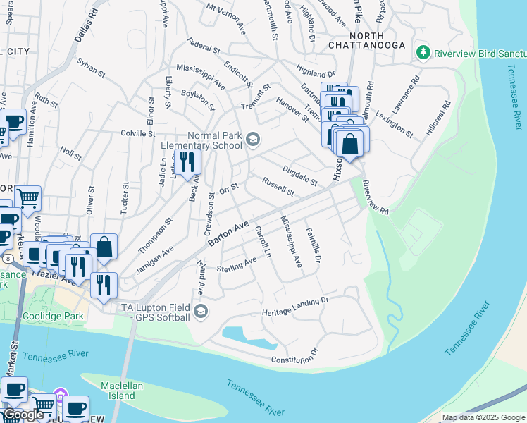 map of restaurants, bars, coffee shops, grocery stores, and more near 615 Barton Avenue in Chattanooga