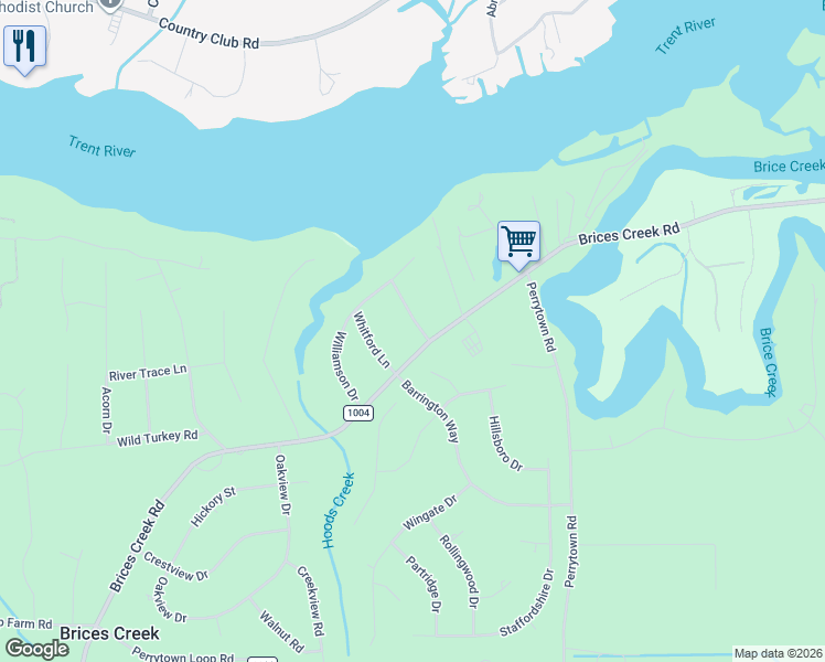 map of restaurants, bars, coffee shops, grocery stores, and more near 118 Dorchester Ln in New Bern