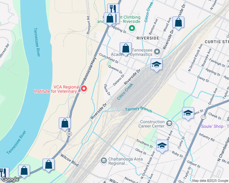 map of restaurants, bars, coffee shops, grocery stores, and more near 2103 Riverside Drive in Chattanooga