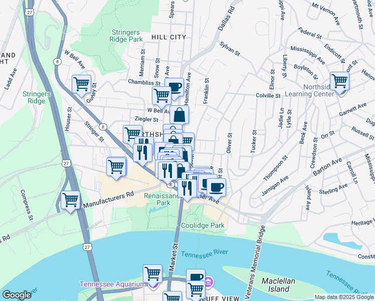 map of restaurants, bars, coffee shops, grocery stores, and more near 17 East Manning Street in Chattanooga
