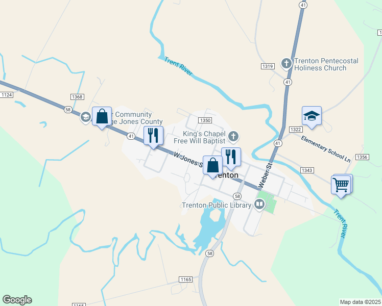 map of restaurants, bars, coffee shops, grocery stores, and more near 319 W Jones St in Trenton
