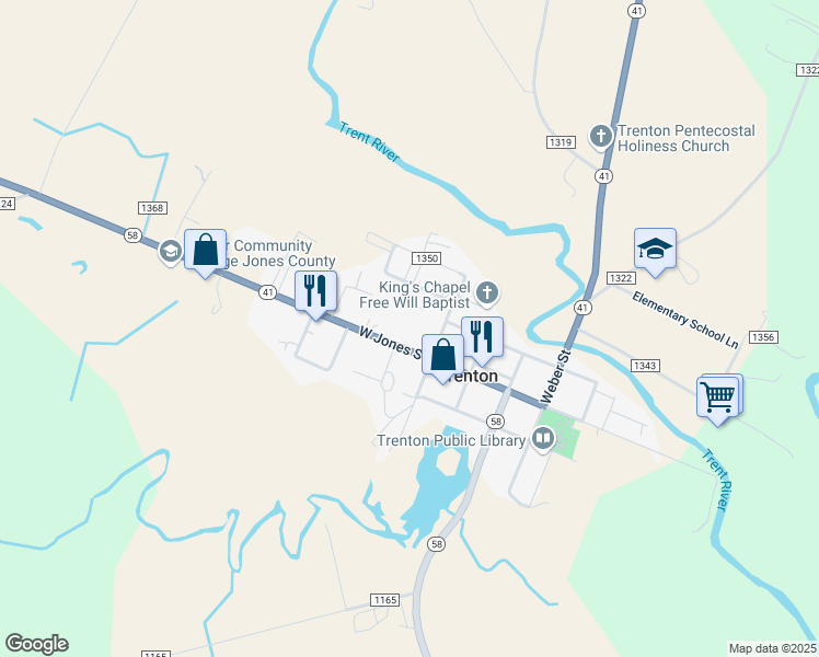 map of restaurants, bars, coffee shops, grocery stores, and more near 319 W Jones St in Trenton