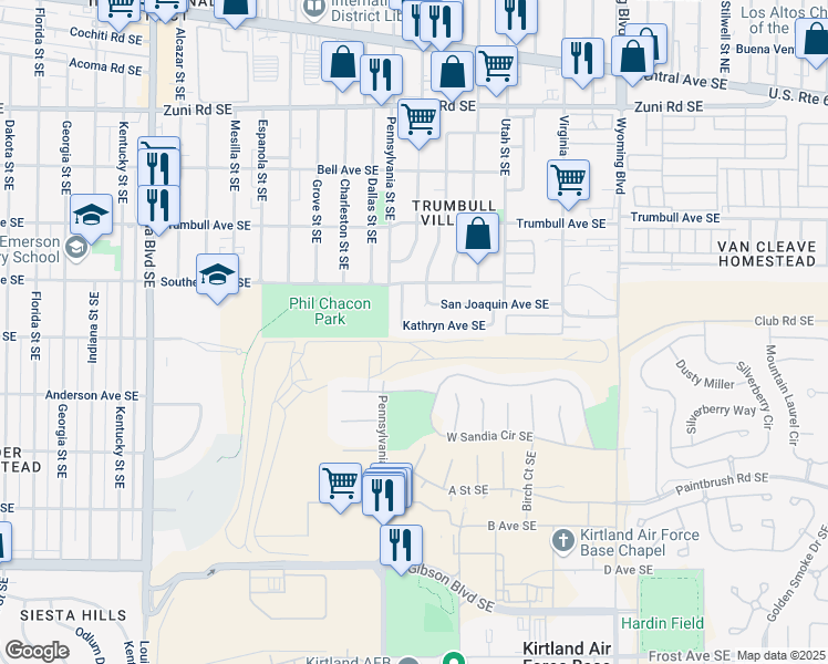 map of restaurants, bars, coffee shops, grocery stores, and more near 7912 Kathryn Avenue Southeast in Albuquerque