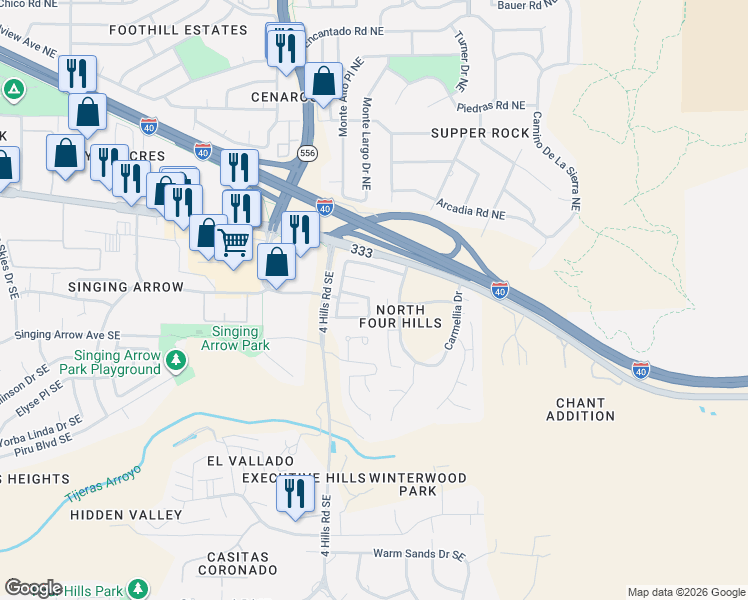 map of restaurants, bars, coffee shops, grocery stores, and more near 308 Kaylyn Drive Southeast in Albuquerque