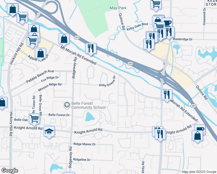 map of restaurants, bars, coffee shops, grocery stores, and more near 6343 Kirby Downs Drive in Memphis