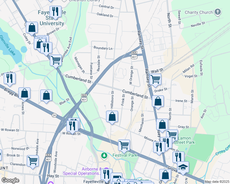map of restaurants, bars, coffee shops, grocery stores, and more near 427 Cumberland Street in Fayetteville