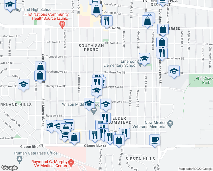 map of restaurants, bars, coffee shops, grocery stores, and more near 737 Arizona Street Southeast in Albuquerque