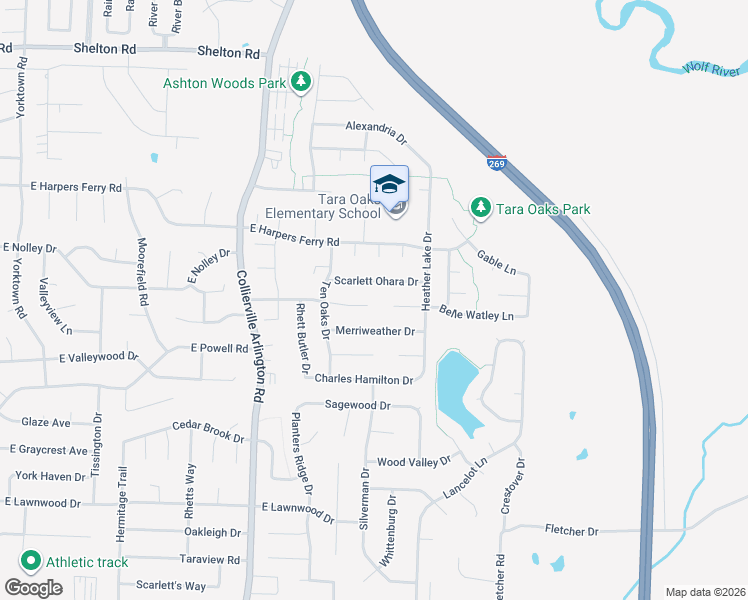 map of restaurants, bars, coffee shops, grocery stores, and more near 584 Tara Oaks Cove in Collierville