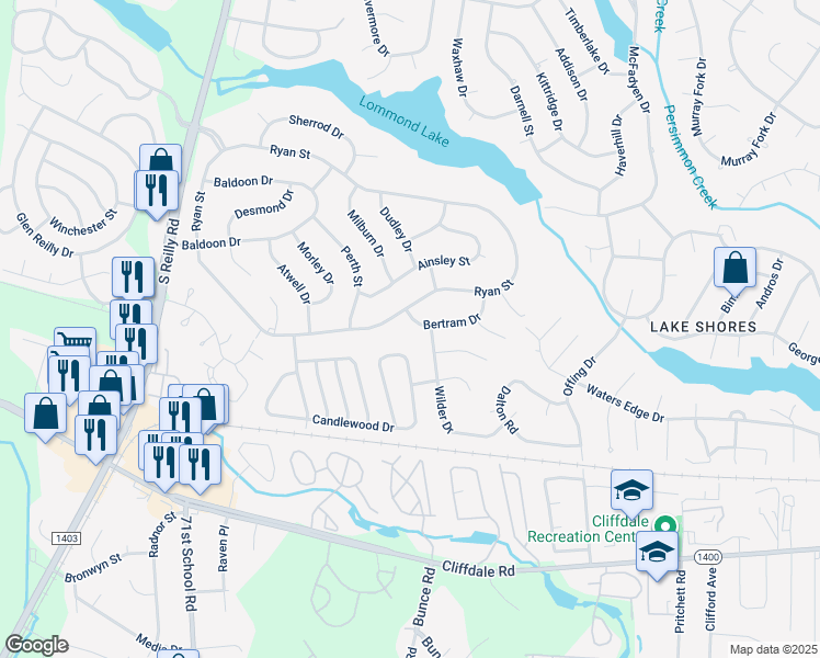 map of restaurants, bars, coffee shops, grocery stores, and more near 7323 Bertram Drive in Fayetteville