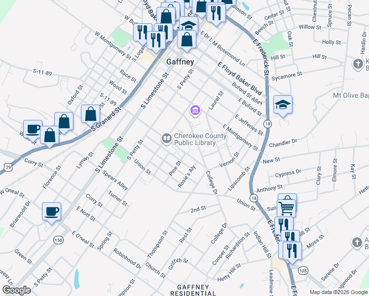 map of restaurants, bars, coffee shops, grocery stores, and more near 419 East Rutledge Avenue in Gaffney