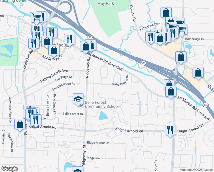 map of restaurants, bars, coffee shops, grocery stores, and more near 6285 Kirby Downs Drive in Memphis