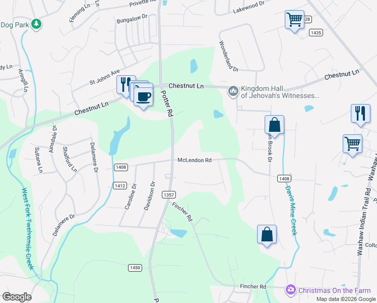 map of restaurants, bars, coffee shops, grocery stores, and more near 2901 McLendon Road in Matthews