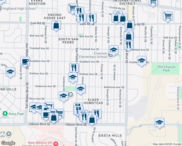 map of restaurants, bars, coffee shops, grocery stores, and more near 736 California Street Southeast in Albuquerque