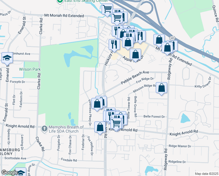 map of restaurants, bars, coffee shops, grocery stores, and more near 5955 Pebble Beach Avenue in Memphis