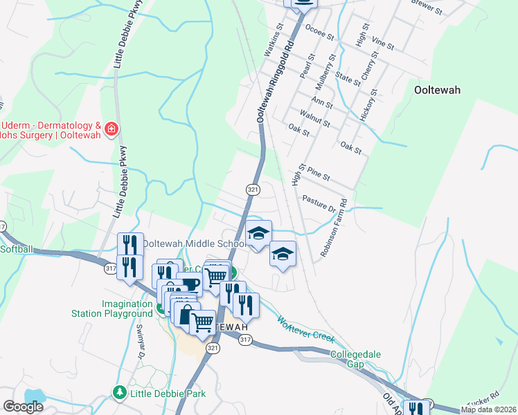 map of restaurants, bars, coffee shops, grocery stores, and more near 9340 Caddo Lane in Ooltewah