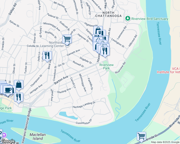map of restaurants, bars, coffee shops, grocery stores, and more near 715 Young Avenue in Chattanooga
