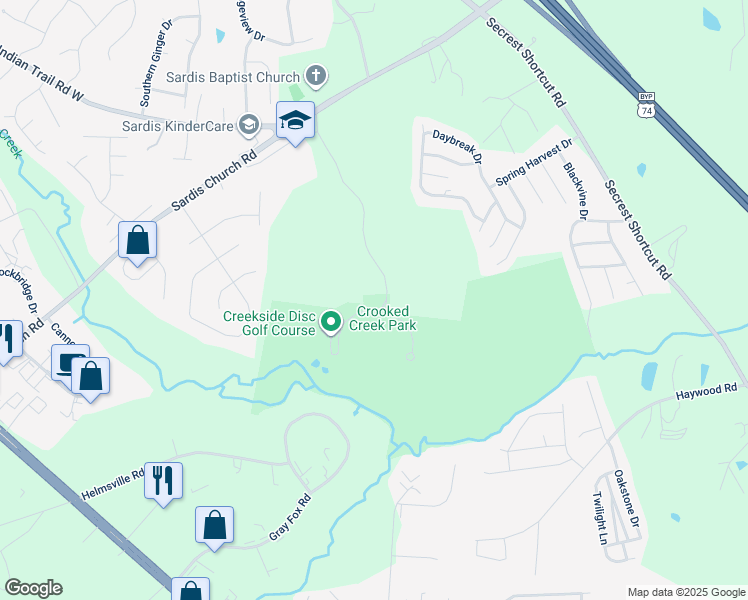 map of restaurants, bars, coffee shops, grocery stores, and more near Oakwood Lane in Indian Trail