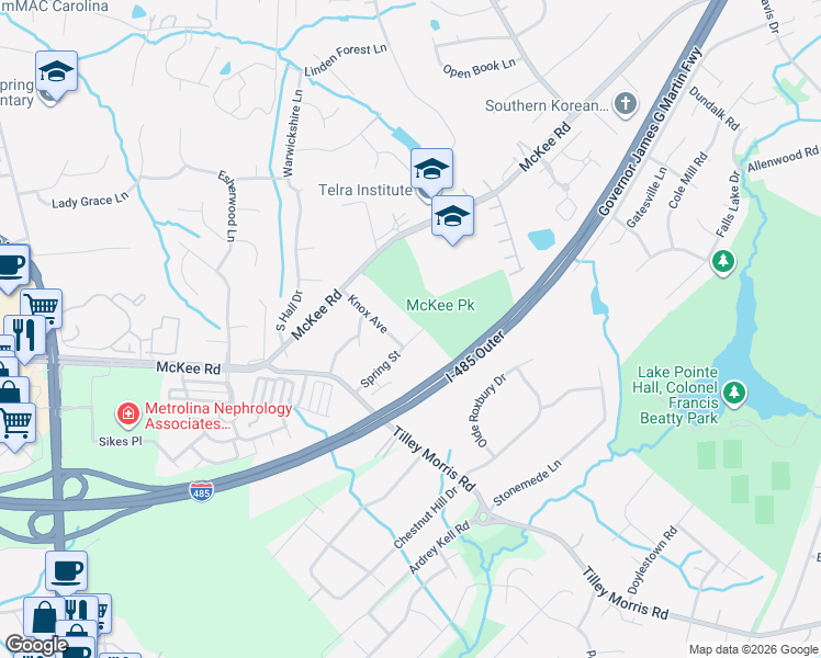 map of restaurants, bars, coffee shops, grocery stores, and more near 4101 Spring Street in Matthews