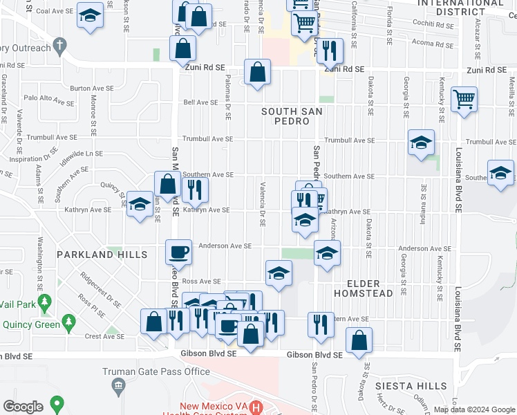 map of restaurants, bars, coffee shops, grocery stores, and more near 845 Valencia Drive Southeast in Albuquerque