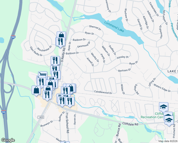 map of restaurants, bars, coffee shops, grocery stores, and more near 7368 Ryan Street in Fayetteville