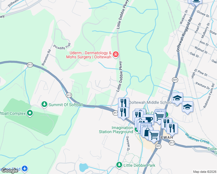 map of restaurants, bars, coffee shops, grocery stores, and more near Integra Preserve Court in Ooltewah