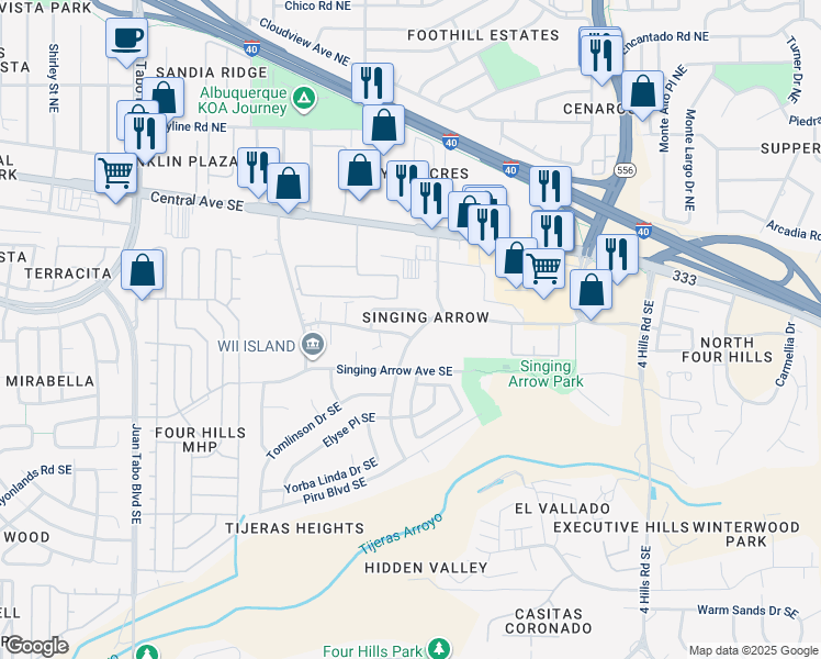 map of restaurants, bars, coffee shops, grocery stores, and more near 315 Dorado Place Southeast in Albuquerque