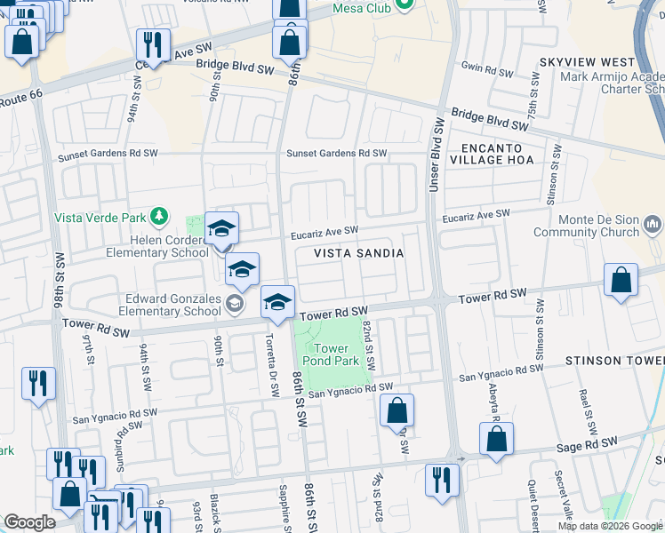 map of restaurants, bars, coffee shops, grocery stores, and more near 8301 Vista Chamisa Lane Southwest in Albuquerque