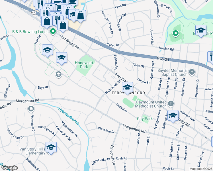 map of restaurants, bars, coffee shops, grocery stores, and more near 313 North Churchill Drive in Fayetteville