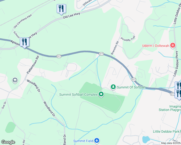 map of restaurants, bars, coffee shops, grocery stores, and more near 8605 Tradewind Circle in Ooltewah