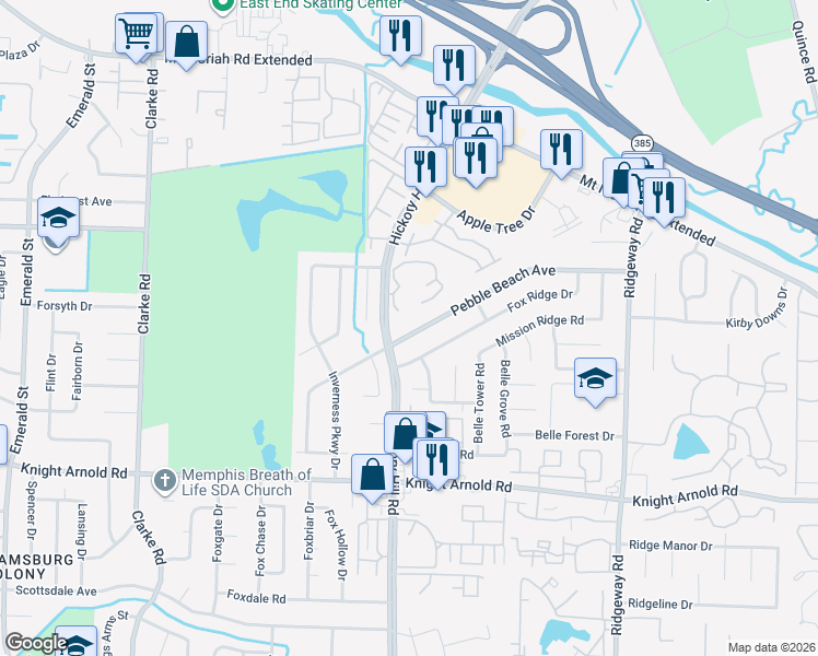 map of restaurants, bars, coffee shops, grocery stores, and more near 5955 Pebble Beach Avenue in Memphis