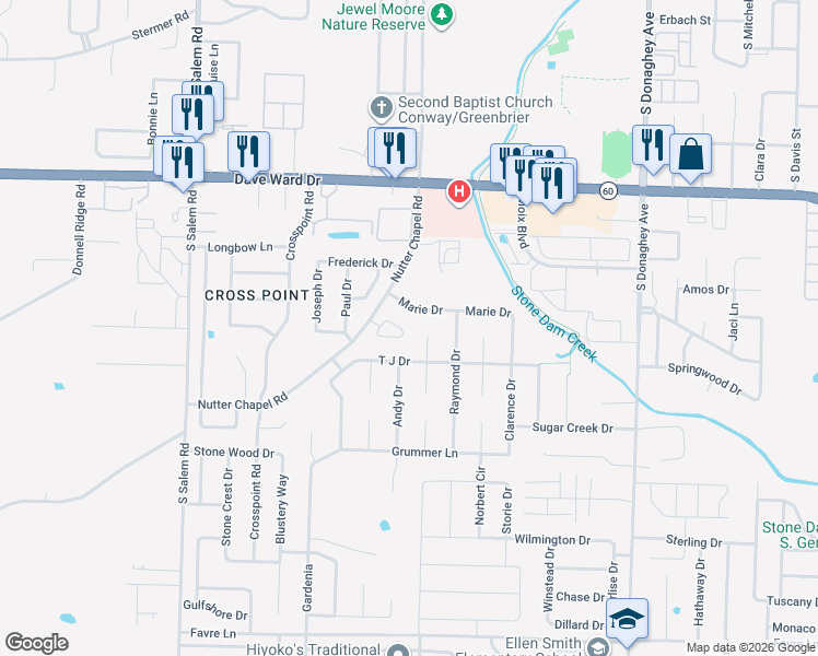 map of restaurants, bars, coffee shops, grocery stores, and more near 1015 Doodle Circle in Conway