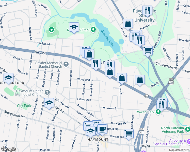 map of restaurants, bars, coffee shops, grocery stores, and more near 1218 Woodland Drive in Fayetteville
