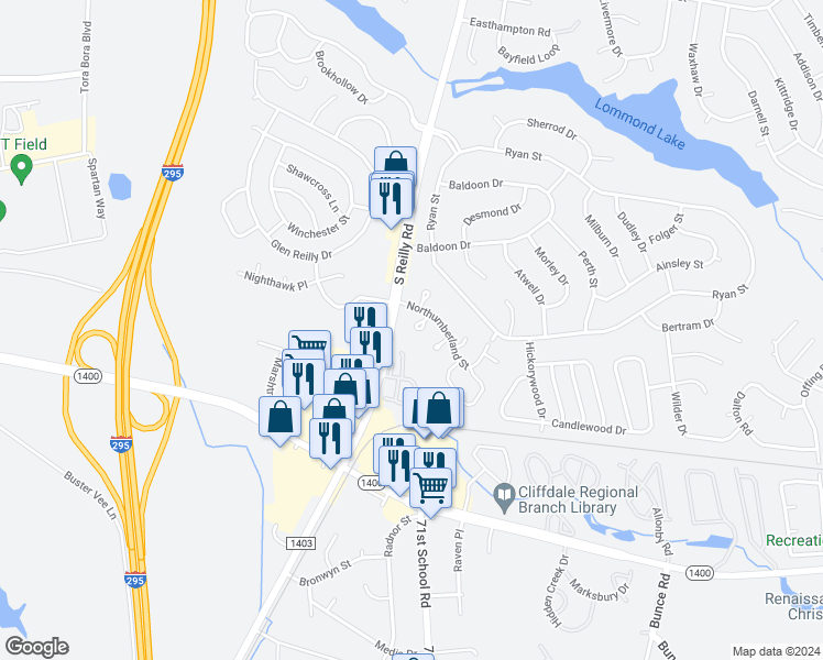 map of restaurants, bars, coffee shops, grocery stores, and more near 420 Cumbrian Court in Fayetteville