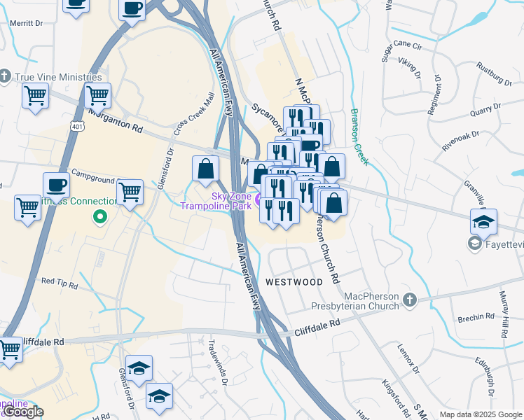 map of restaurants, bars, coffee shops, grocery stores, and more near 361 Westwood Shopping Center in Fayetteville