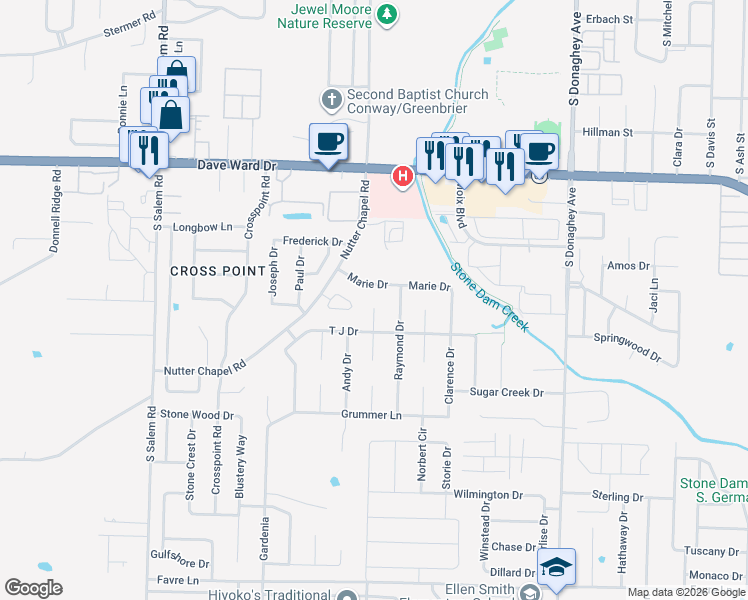 map of restaurants, bars, coffee shops, grocery stores, and more near 1015 Doodle Circle in Conway
