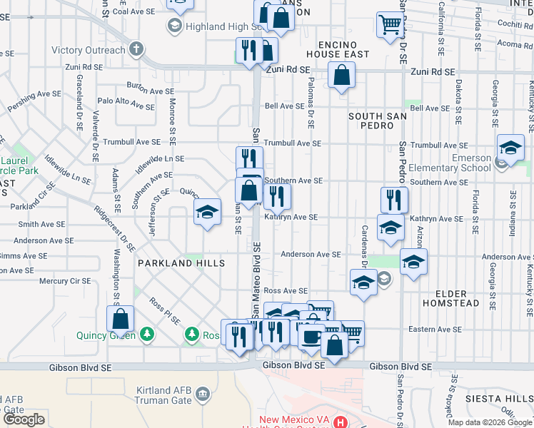 map of restaurants, bars, coffee shops, grocery stores, and more near 5413 Kathryn Avenue Southeast in Albuquerque