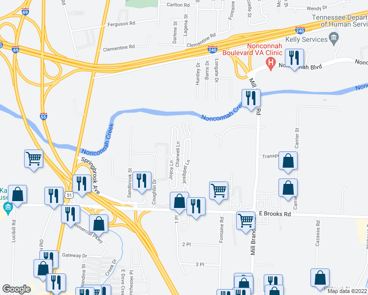 map of restaurants, bars, coffee shops, grocery stores, and more near 3052 Juca Lane in Memphis