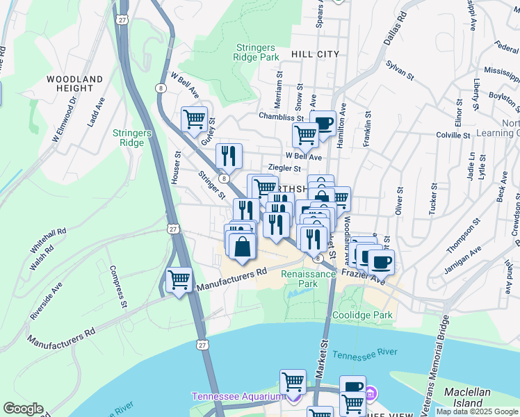 map of restaurants, bars, coffee shops, grocery stores, and more near 309 Cherokee Boulevard in Chattanooga
