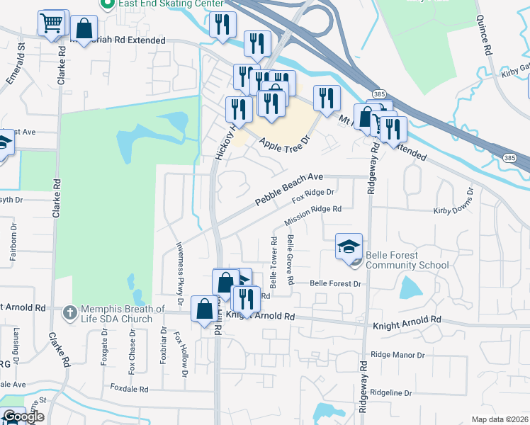 map of restaurants, bars, coffee shops, grocery stores, and more near 6010 Fox Ridge Drive in Memphis