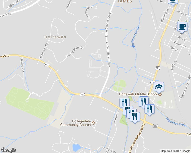 map of restaurants, bars, coffee shops, grocery stores, and more near 5073 Little Debbie Parkway in Ooltewah