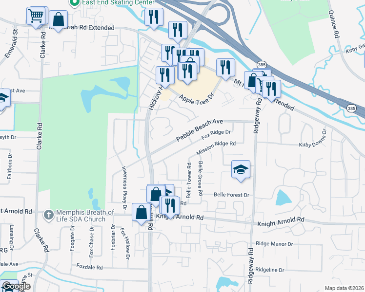 map of restaurants, bars, coffee shops, grocery stores, and more near 6002 Fox Ridge Drive in Memphis