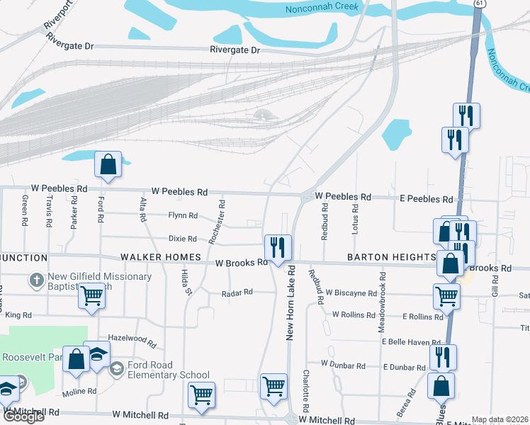 map of restaurants, bars, coffee shops, grocery stores, and more near Old Horn Lake Road in Memphis