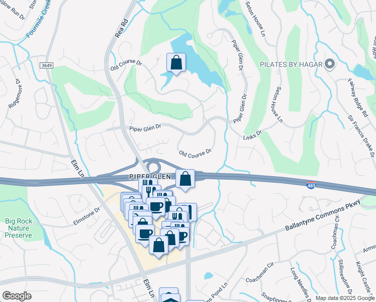 map of restaurants, bars, coffee shops, grocery stores, and more near 4211 Old Course Drive in Charlotte